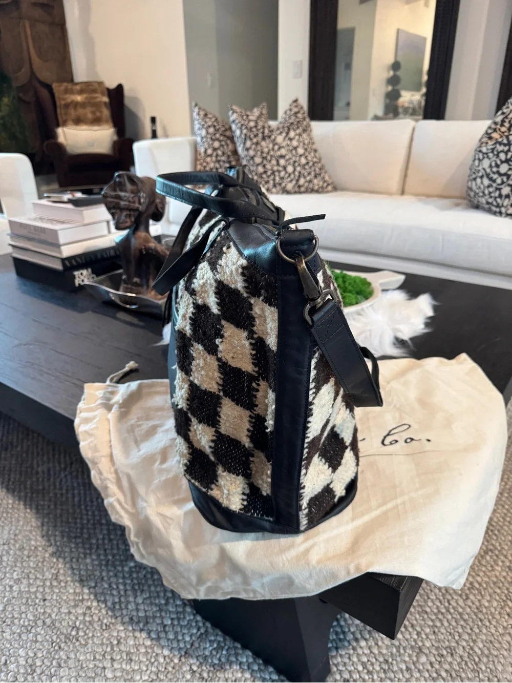Nena & Co Brown and Cream Checkered Overnight Bag with Black Leather Trim - New! - Picture 4 of 17